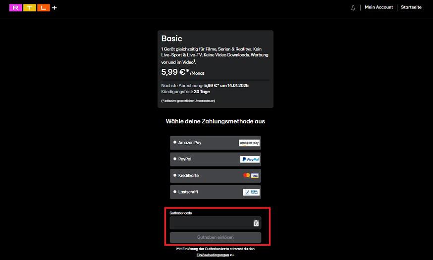 img: rtl+--gutschein-einloesen / alt: Screenshot aus dem Warenkorb mit Hinweis darauf, wie du den RTL+ Gutschein einlösen kannst.