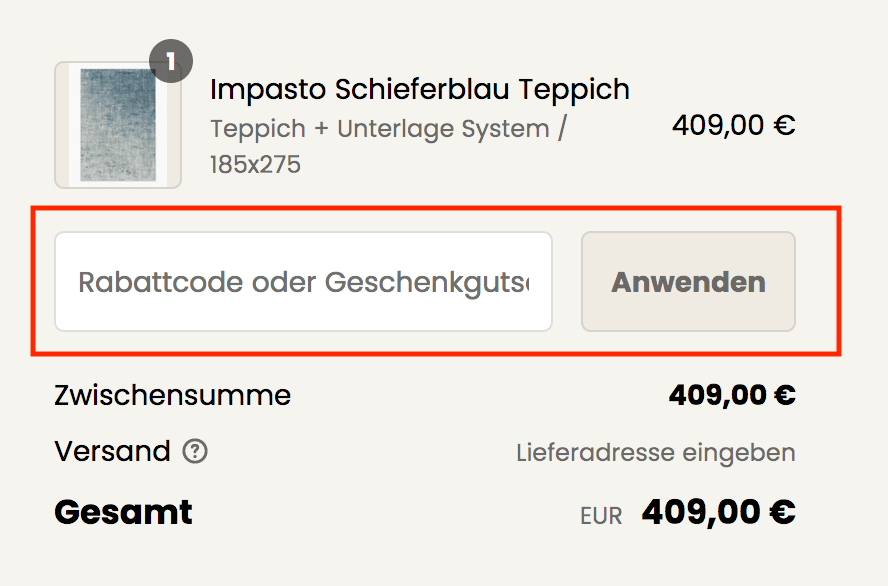 Eingabefeld für den Ruggable Rabattcode im Warenkorb