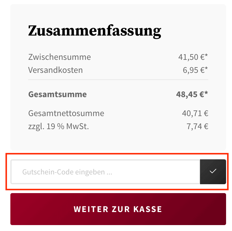 Eingabefeld für den Rum & Co Gutschein im Warenkorb