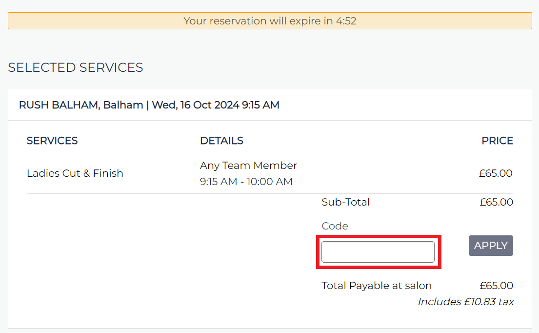 Rush discount code redemption box during booking process