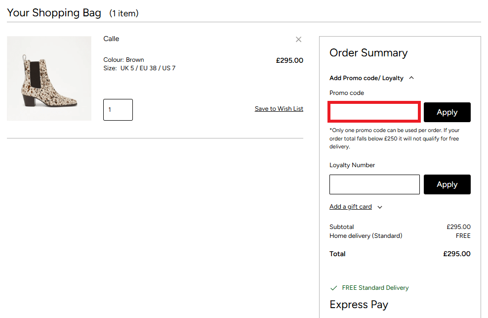 Russell & Bromley discount code box in shopping basket