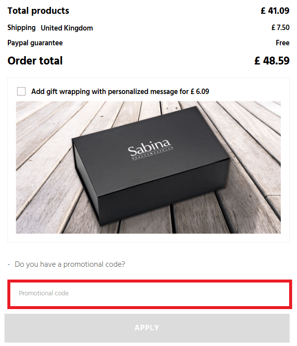 Sabina discount code redemption box image