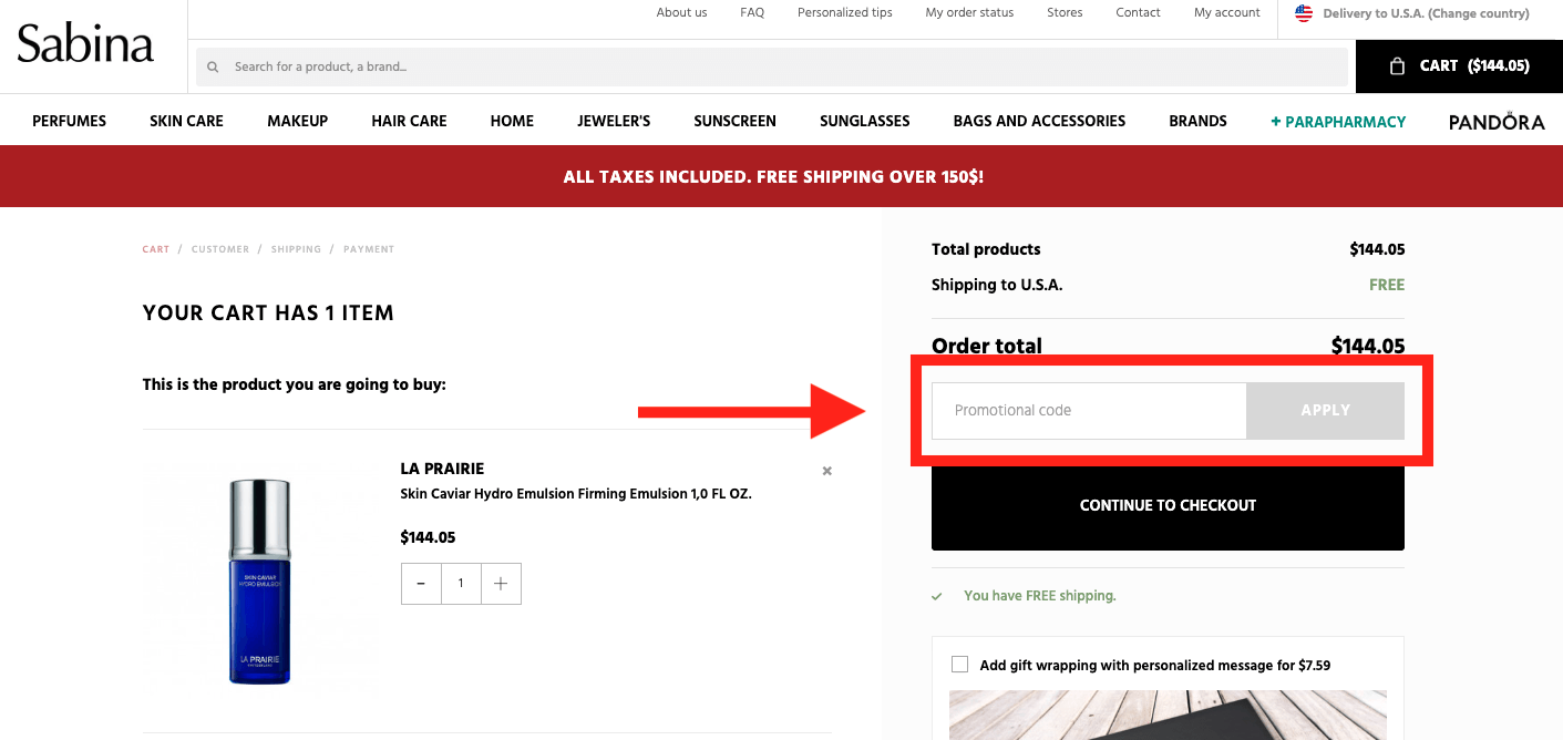 Sabina promo code box at checkout