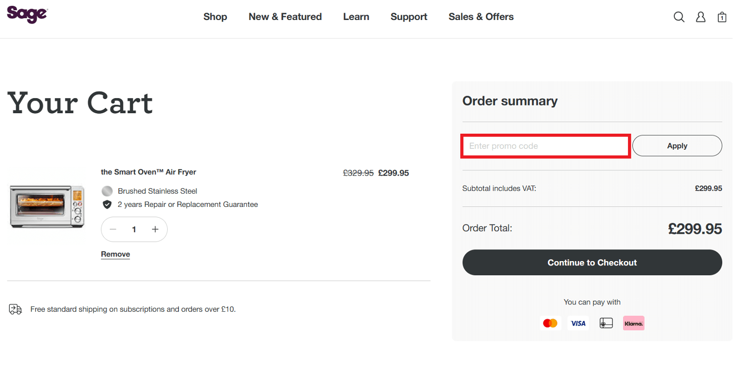 Sage Appliances discount code redemption box image