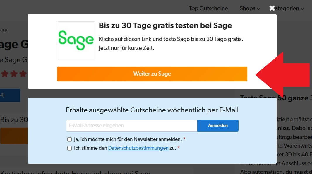 Sage-Gutschein für 30 Tage kostenlosen Testzeitraum einlösen