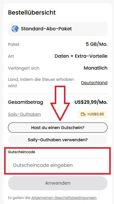 Screenshot vom Eingabefeld mit Hinweis darauf, wo du deinen Saily Gutschein einlösen kannst