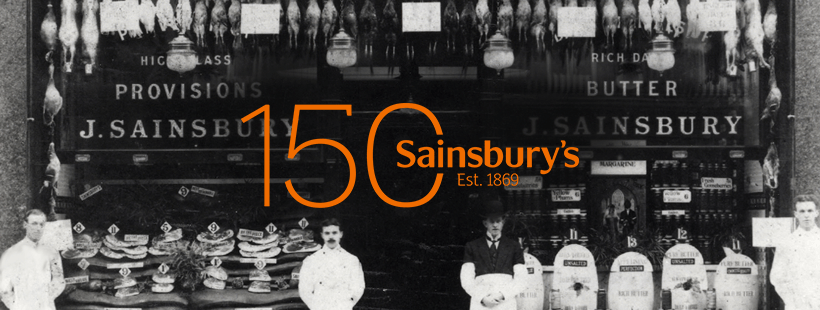 Black and white image of the first Sainsbury&apos;s store. Text reads 150 Sainsburys. Est. 1869