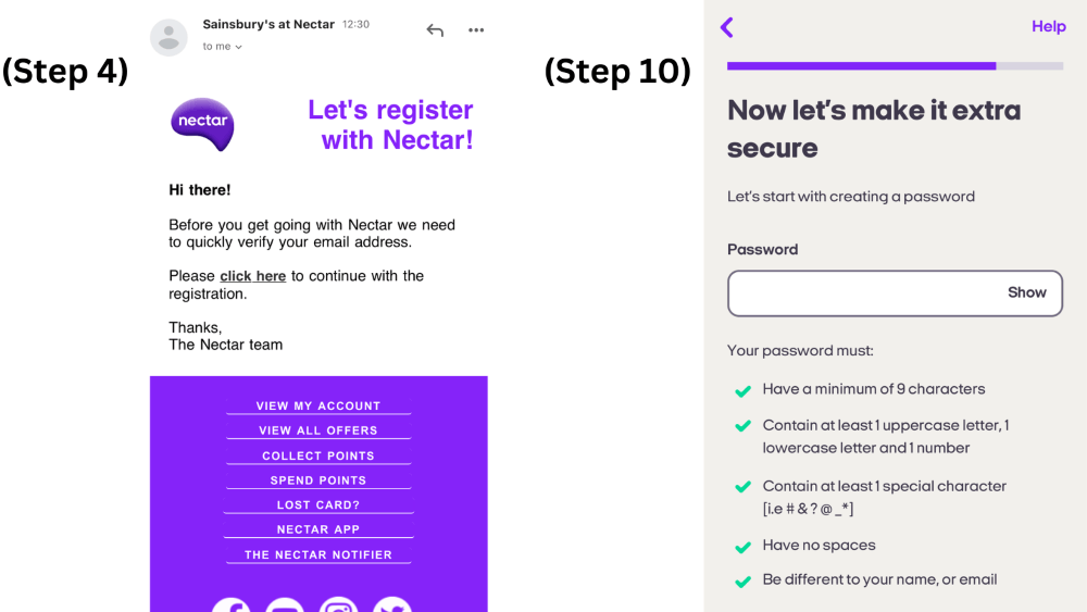 Two screenshots of the Nectar card sign-up process. Confirmation email demonstrating step 4 of the above instructions. Password requirements demonstrating step 10 of the above instructions.