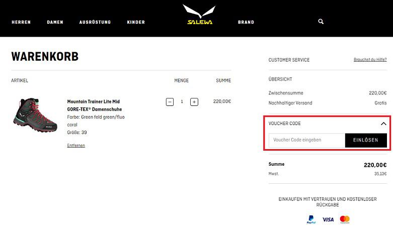 Screenshot aus dem Warenkorb mit Eingabefeld zum Einlösen vom Salewa Gutschein