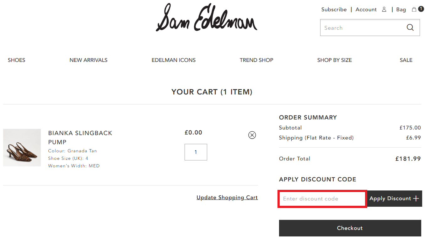 Sam Edelman discount code box in shopping cart