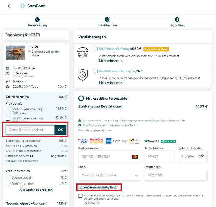 Screenshot aus dem Warenkorb mit Hinweis darauf, wo du den SamBoat Gutschein einlösen kannst.
