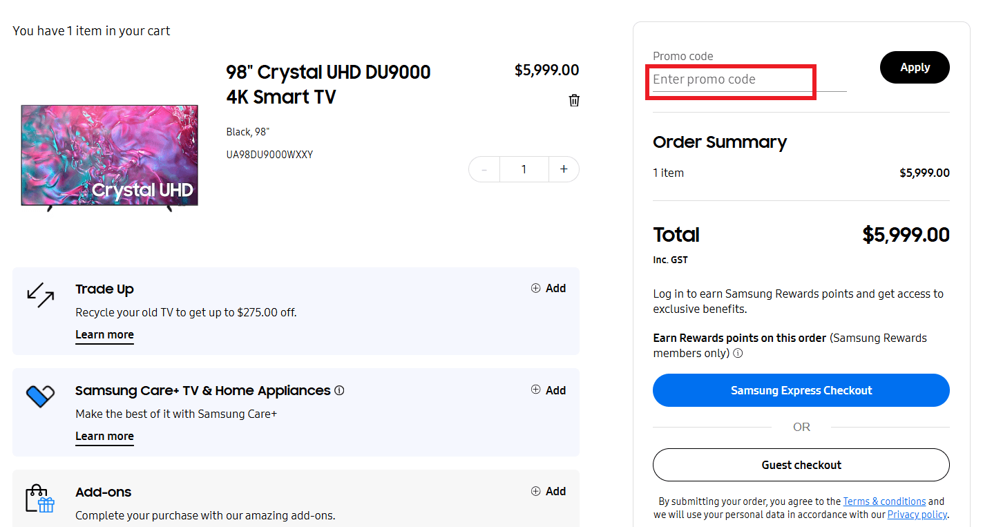 Samsung coupon code redemption box image