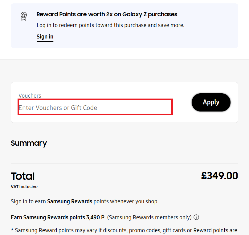 Samsung discount code box during checkout