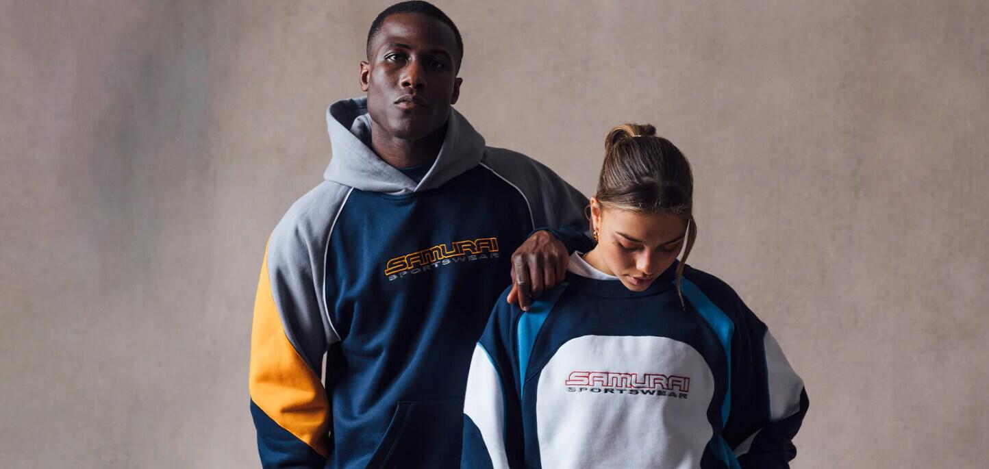 Samurai Sports ways to save image featuring a man and woman wearing branded apparel
