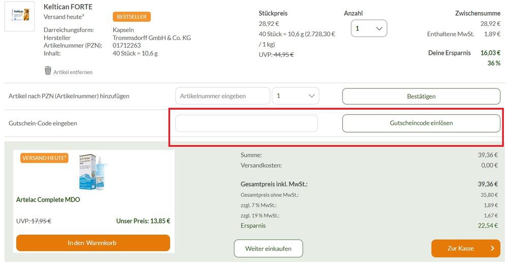 Ansicht des Warenkorbs mit Eingabefeld für Sanicare Gutschein