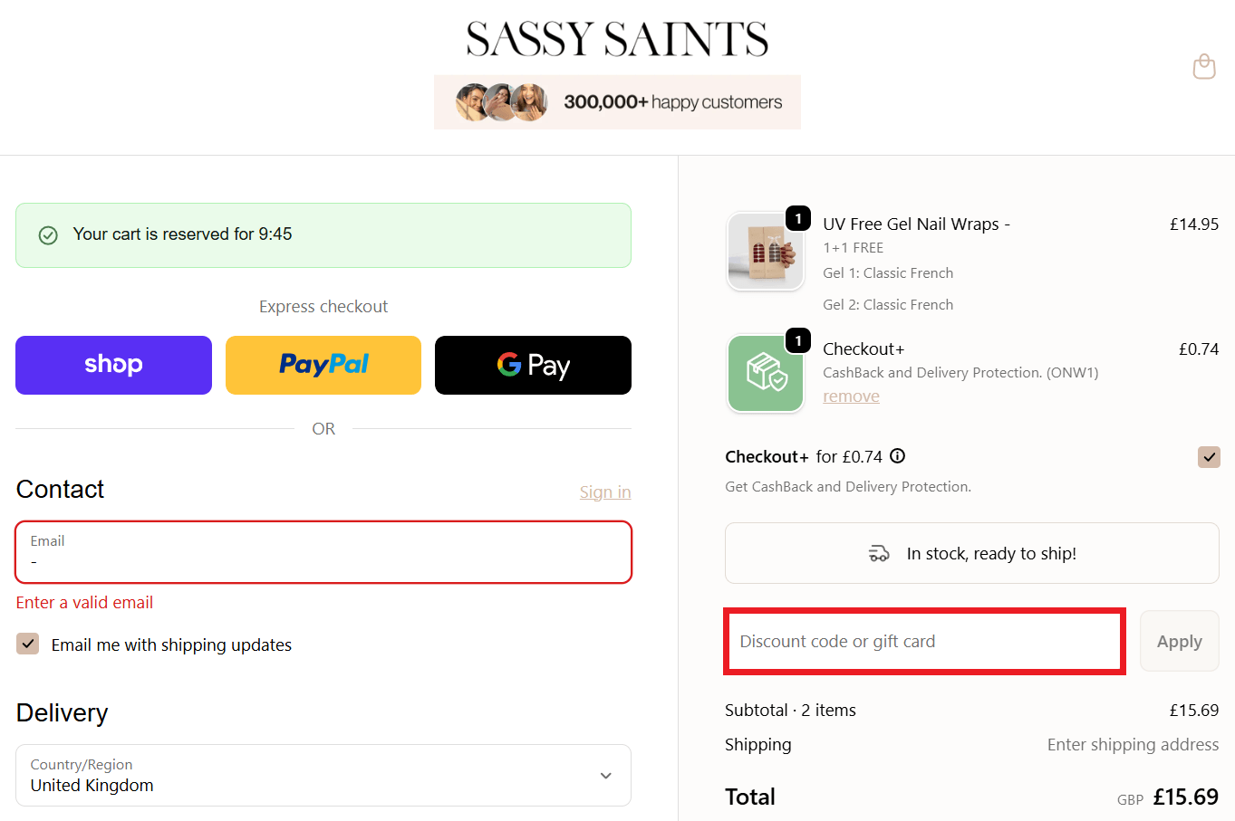 Sassy Saints discount code redemption box in shopping cart