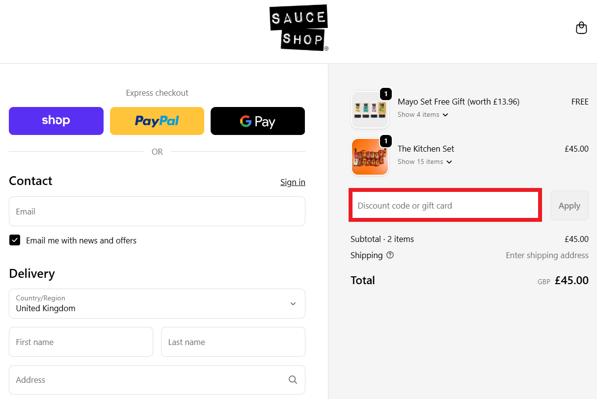 Sauce Shop discount code box during checkout
