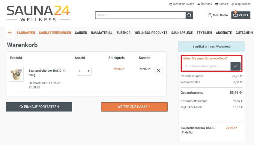 Screenshot aus dem Warenkorb mit Eingabefeld, wo du einen Sauna24 Gutschein einlöst