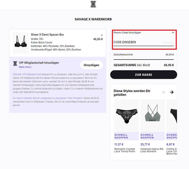 Screenshot vom Warenkorb mit Feld für Savage X Fenty Gutschein