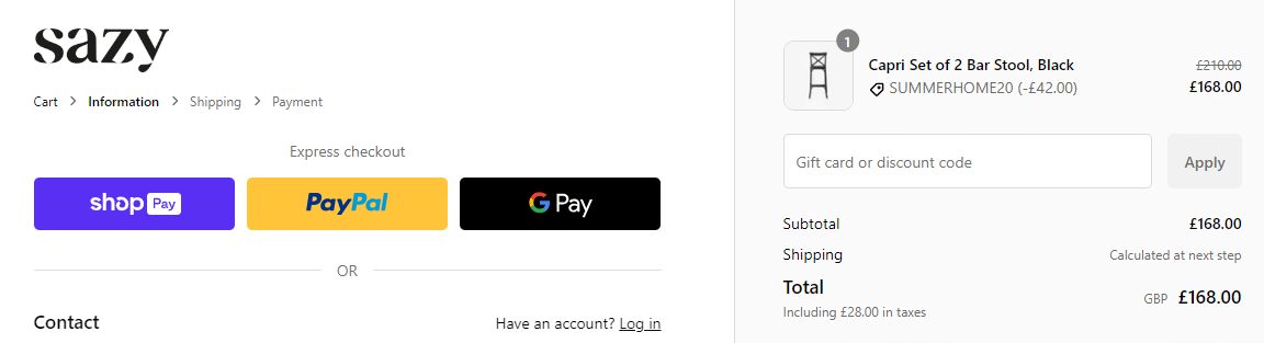 Sazy discount code box on the online checkout portal
