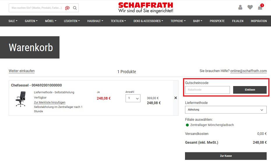 Screenshot aus dem Warenkorb mit Eingabefeld zum Schaffrath Gutschein einlösen
