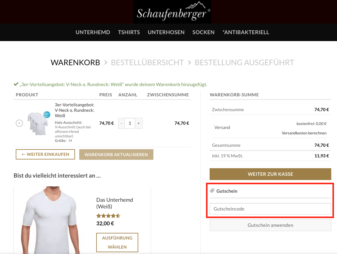 Gutscheine von Schaufenberger lassen sich im Warenkorb einlösen.