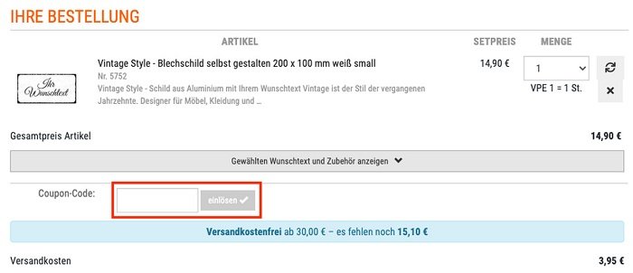 Eingabefeld für Schildershop24 Gutscheine