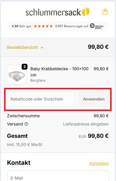 Eingabefeld für den Schlummersack Rabattcode