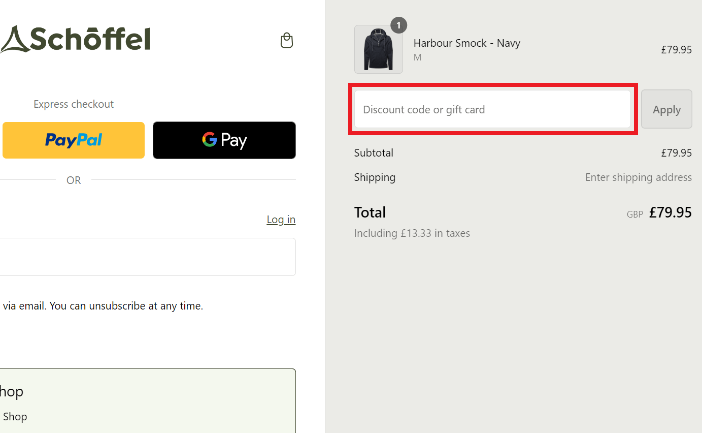 Schoffel Country discount code redemption box in shopping basket
