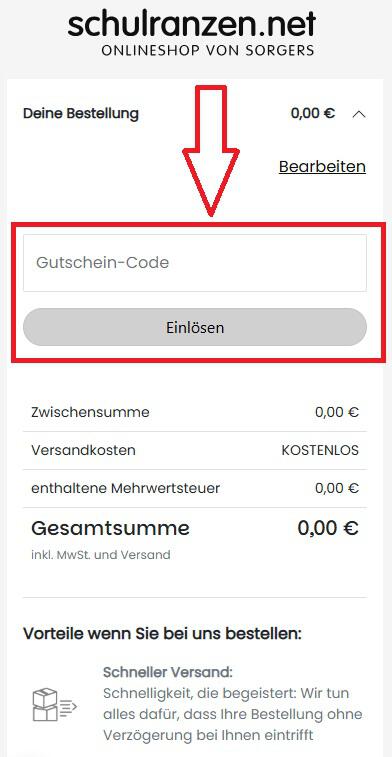 Screenshot vom Eingabefeld mit Hinweis darauf, wo du deinen Schulranzen.net Gutschein einlösen kannst