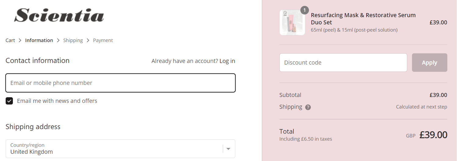 The Scientia discount code entry box on the checkout page of the Scientia website