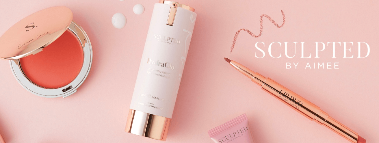 Sculpted By Aimee savings guide image showing cosmetics alongside the company logo