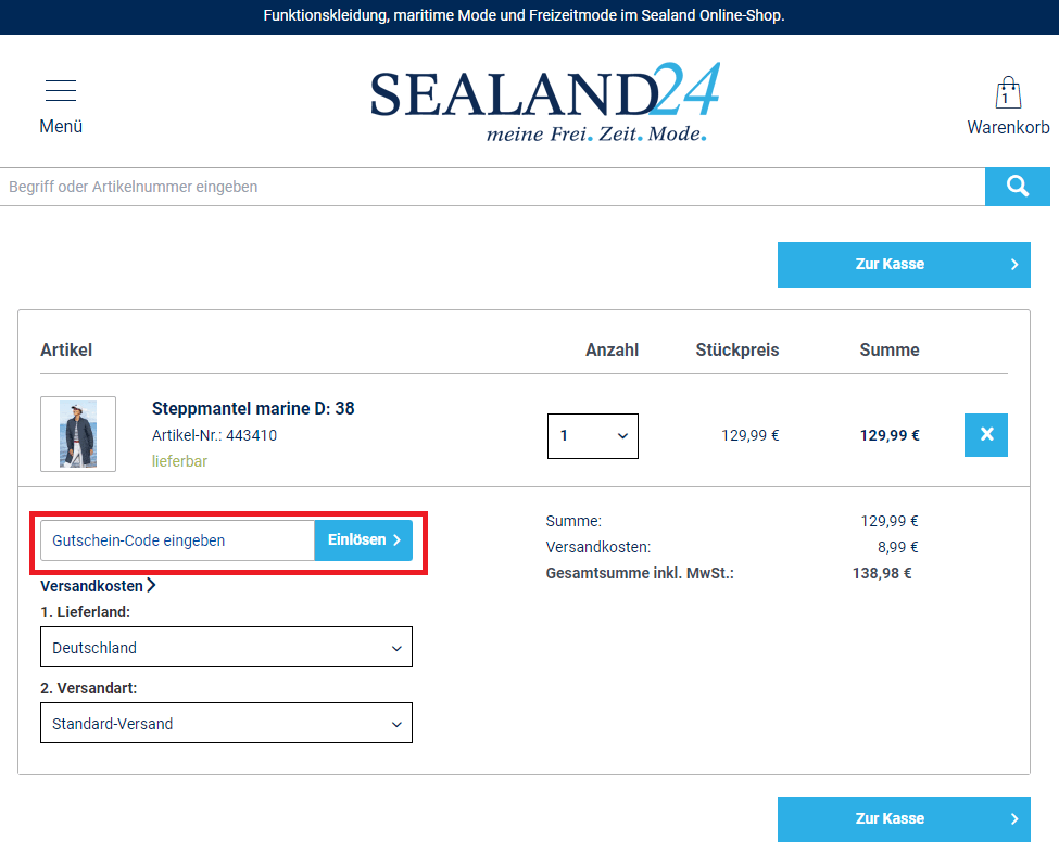 Screenshot vom Eingabefeld, wo du einen Sealand24 Gutschein einlösen kannst