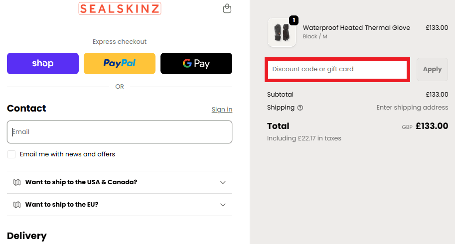 Sealskinz discount code box in shopping basket image