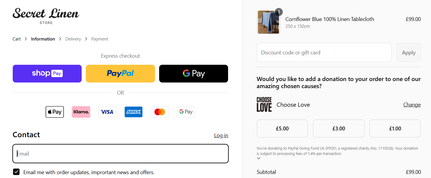 Application box for a Secret Linen Store discount code at the online checkout