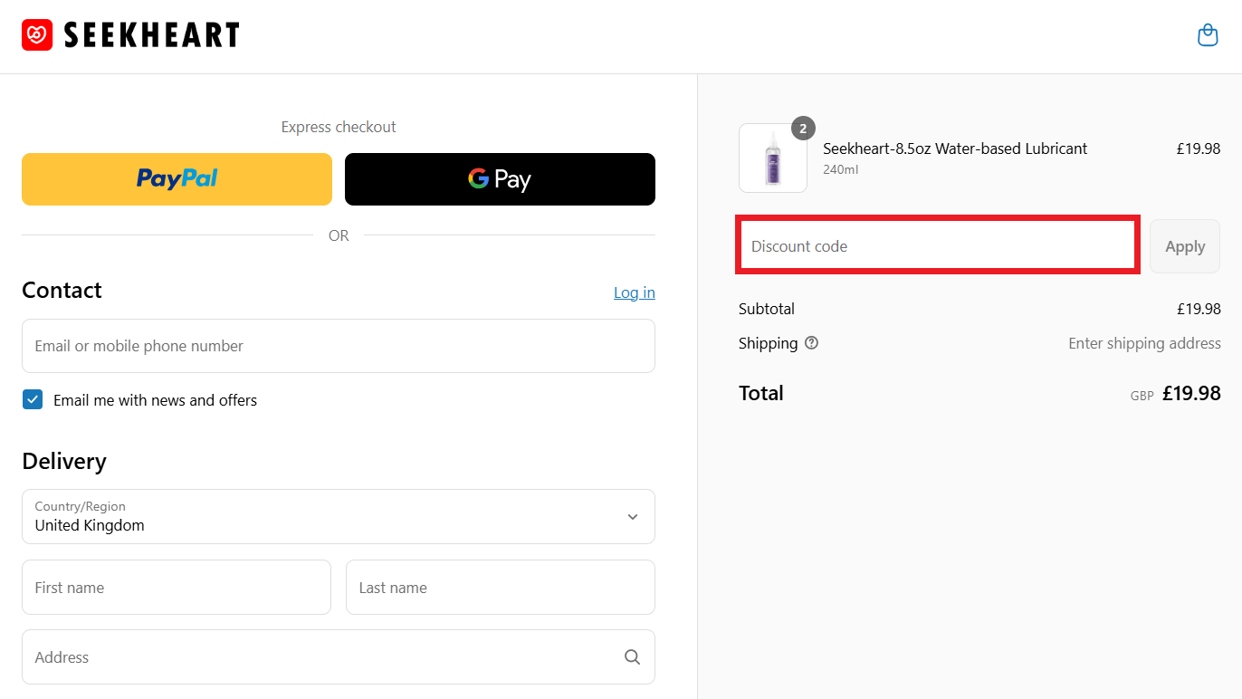 Seekheart discount code box in cart image