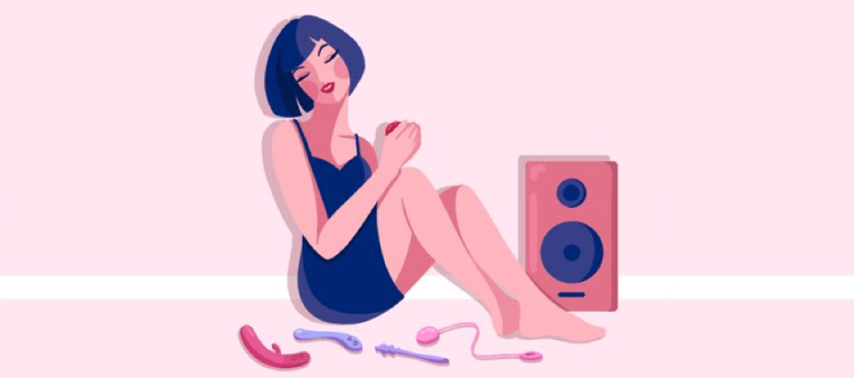 Seekheart woman illustration - A woman sitting on the floor next to speaker surrounded by adult toys