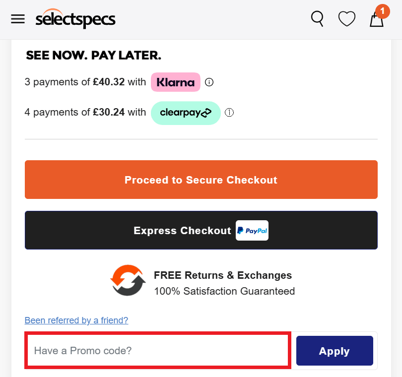 SelectSpecs discount code section in basket image