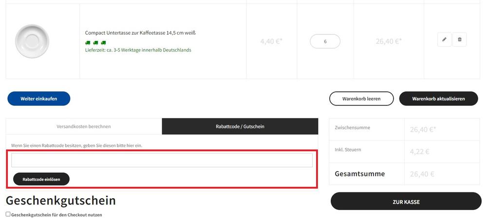 Warenkorb-Screenshot mit Eingabefeld zum Seltmann Weiden Gutschein einlösen
