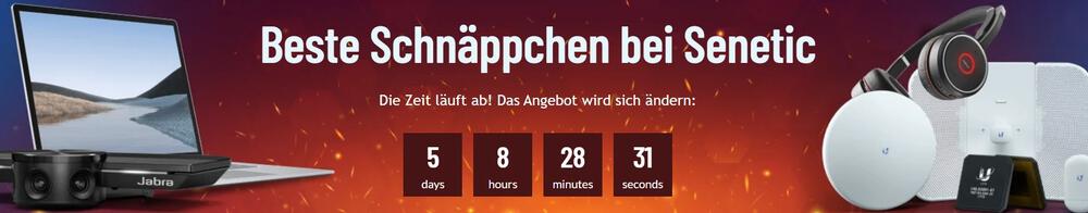 Banner der Senetic Schnäppchen-Kategorie mit ablaufendem Timer