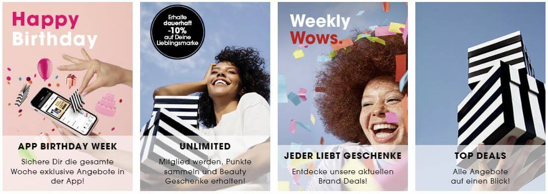 Übersicht über Gutscheine bei Sephora: App-Rabatt, 10 % Rabatt auf deine Lieblingsmarke, Weekly Wows und Top-Deals