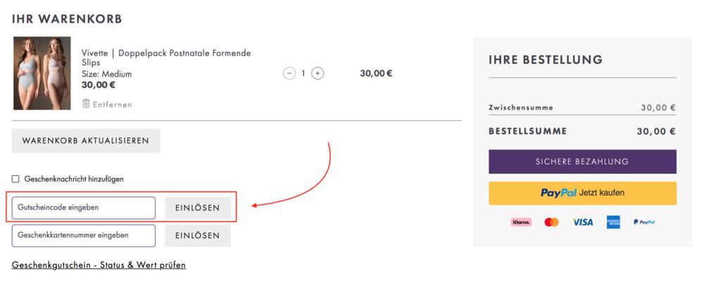 Warenkorb-Screenshot mit Eingabefeld für deinen Seraphine Gutschein