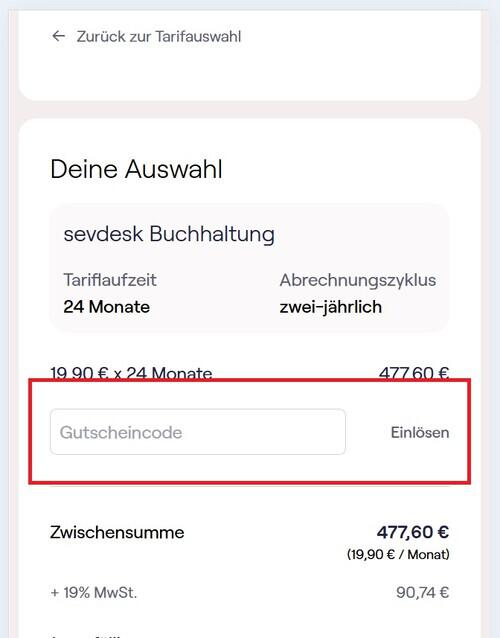 Screenshot vom Buchungsprozess mit Eingabefeld für den sevDesk Gutscheincode