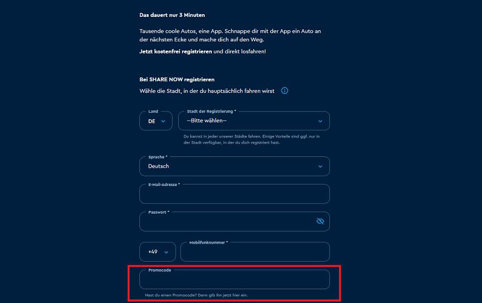 Screenshot vom Buchungsprozess mit Eingabefeld, wo du einen SHARE NOW Gutschein einlösen kannst