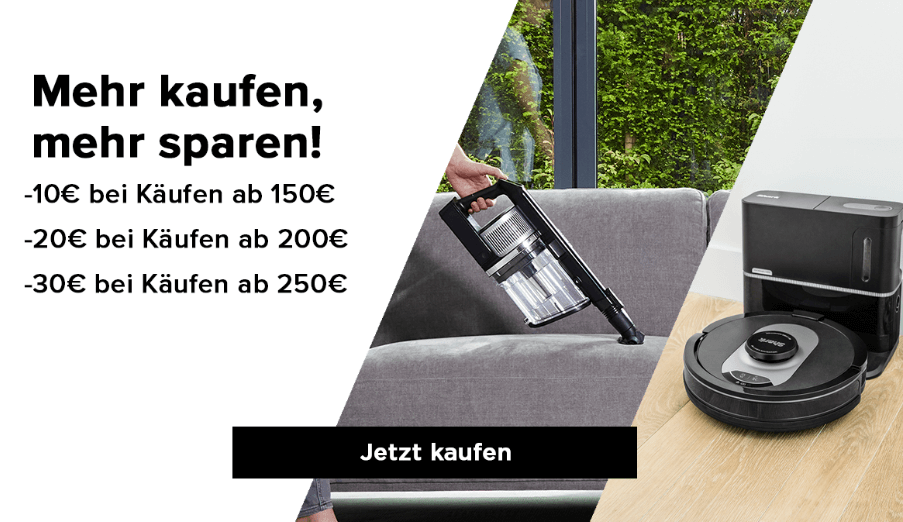 Banner für die Shark-Gutscheinseite mit Foto von Handstaubsauger und Hinweise auf das Angebot „Mehr kaufen, mehr sparen“