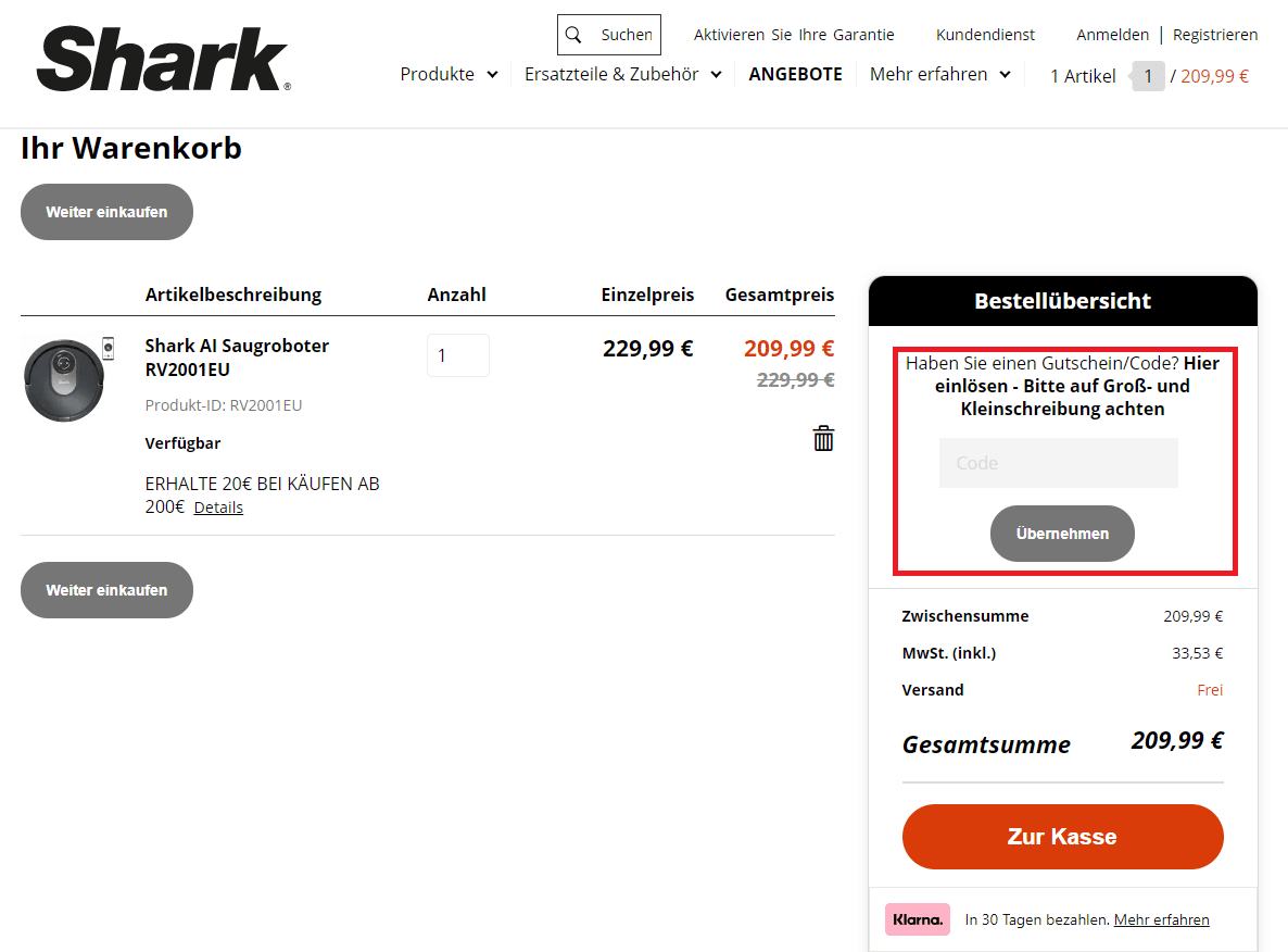 Screenshot vom Eingabefeld im Warenkorb, wo du einen Shark-Gutschein einlösen kannst