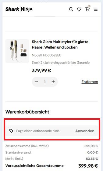 Eingabefeld für SharkNinja Aktionscode in der Warenkorbansicht