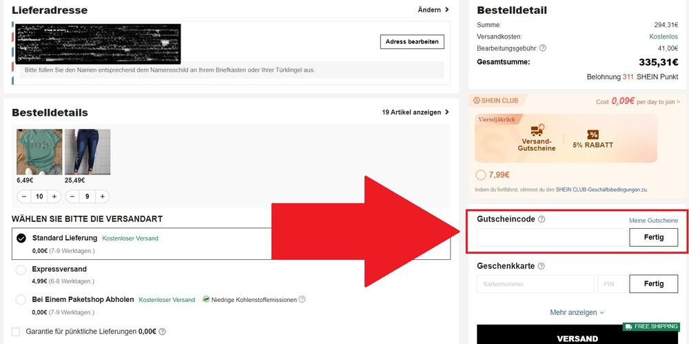 Screenshot des Eingabefeldes für den Shein Rabattcode im Online-Shop