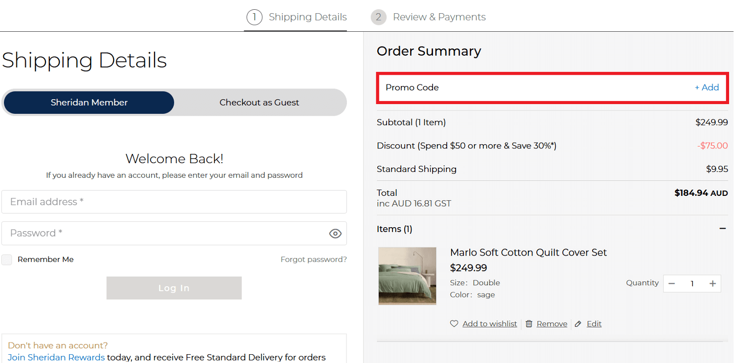 Sheridan coupon code box image
