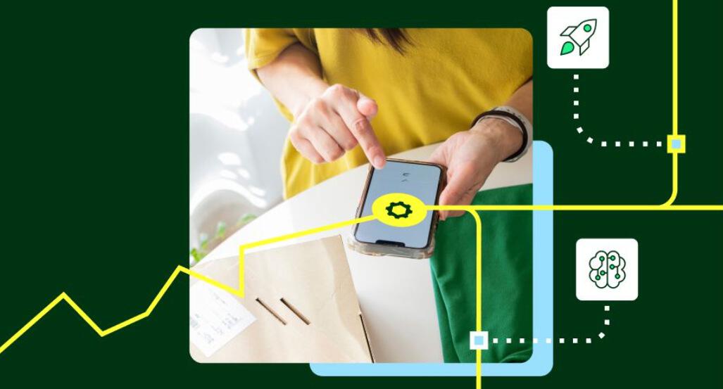 ShipStation savings guide image showing a woman using the ShipStation app on the mobile phone with overlaid graphics